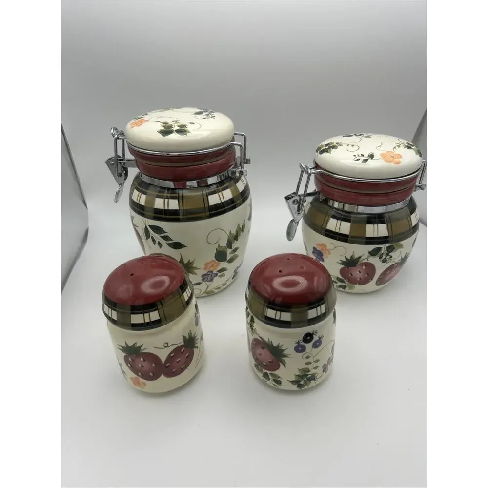 Vintage Oneida. Strawberry Plaid Canisters And Shakers. Discontinued In 2002.